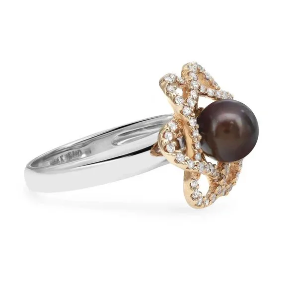 0.38Cttw Round Diamond And Tahitian Pearl Ladies Cocktail Ring 14K Gold Size 7.5